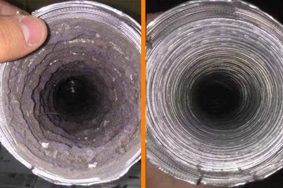 A side-by-side comparison of a metal air duct: the left half is clogged with thick dust, while the right half, after professional air duct cleaning Dallas, is clean and shiny inside. A hand is holding the duct at the top.
