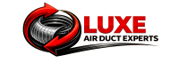 Logo for Luxe Air Duct Experts featuring a coiled air duct surrounded by two red arrows forming a circular shape, bold red and black text to the right, and a black swoosh underneath—perfect for representing air duct cleaning Dallas professionals.