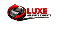 Logo for Luxe Air Duct Experts featuring a coiled air duct surrounded by two red arrows forming a circular shape, bold red and black text to the right, and a black swoosh underneath—perfect for representing air duct cleaning Dallas professionals.