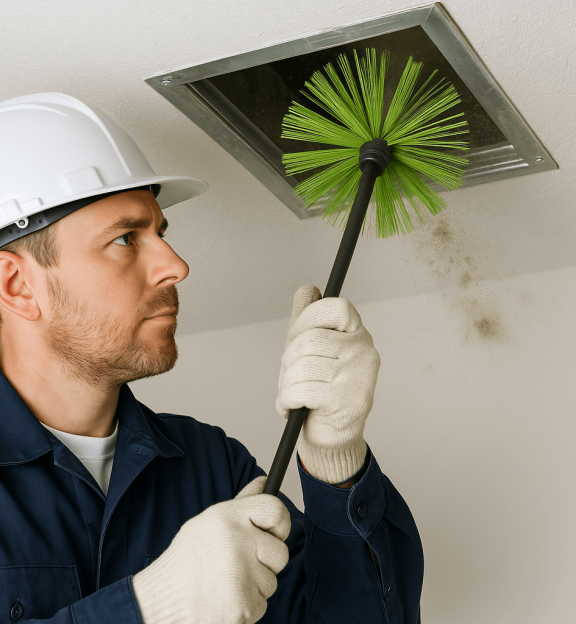 A person wearing a white hard hat, gloves, and a blue work uniform cleans a ceiling air vent with a green brush—showcasing professional air duct cleaning Dallas residents trust—as dust falls.