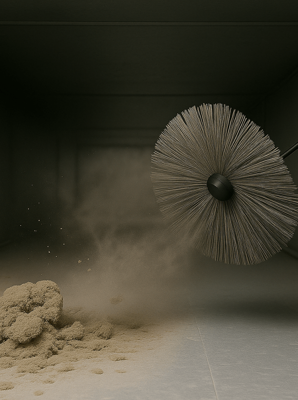 A large round cleaning brush sweeps dust and debris inside a metal air duct, creating a cloud of dust as it moves the pile forward during professional air duct cleaning Dallas services.